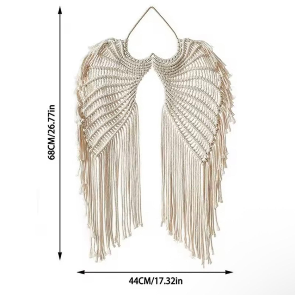 Angel wings macrame wall hanging measuring 17.32 inches wide by 26.77 inches high.
