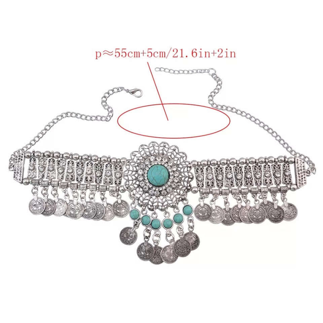 Bohemian Turquoise Collar Necklace showing adjustable chain length and detailed turquoise pendant with vintage coin charms.