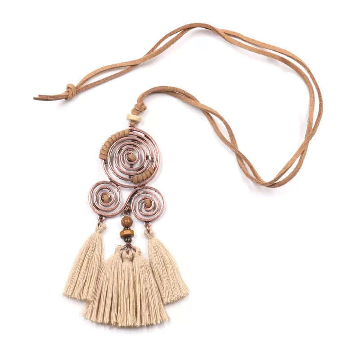 Beige Boho Spiral Tassel Necklace featuring copper spiral charms, long faux suede cord, and layered tassels.