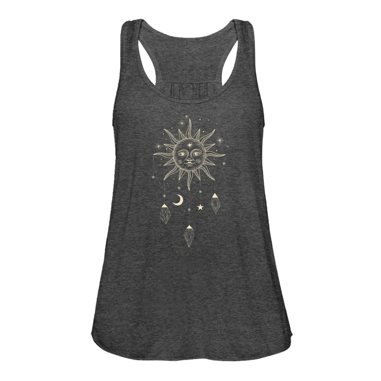 Front view of the Celestial Vibes Flowy Tank in charcoal with celestial sun, moon, stars, and crystal design.