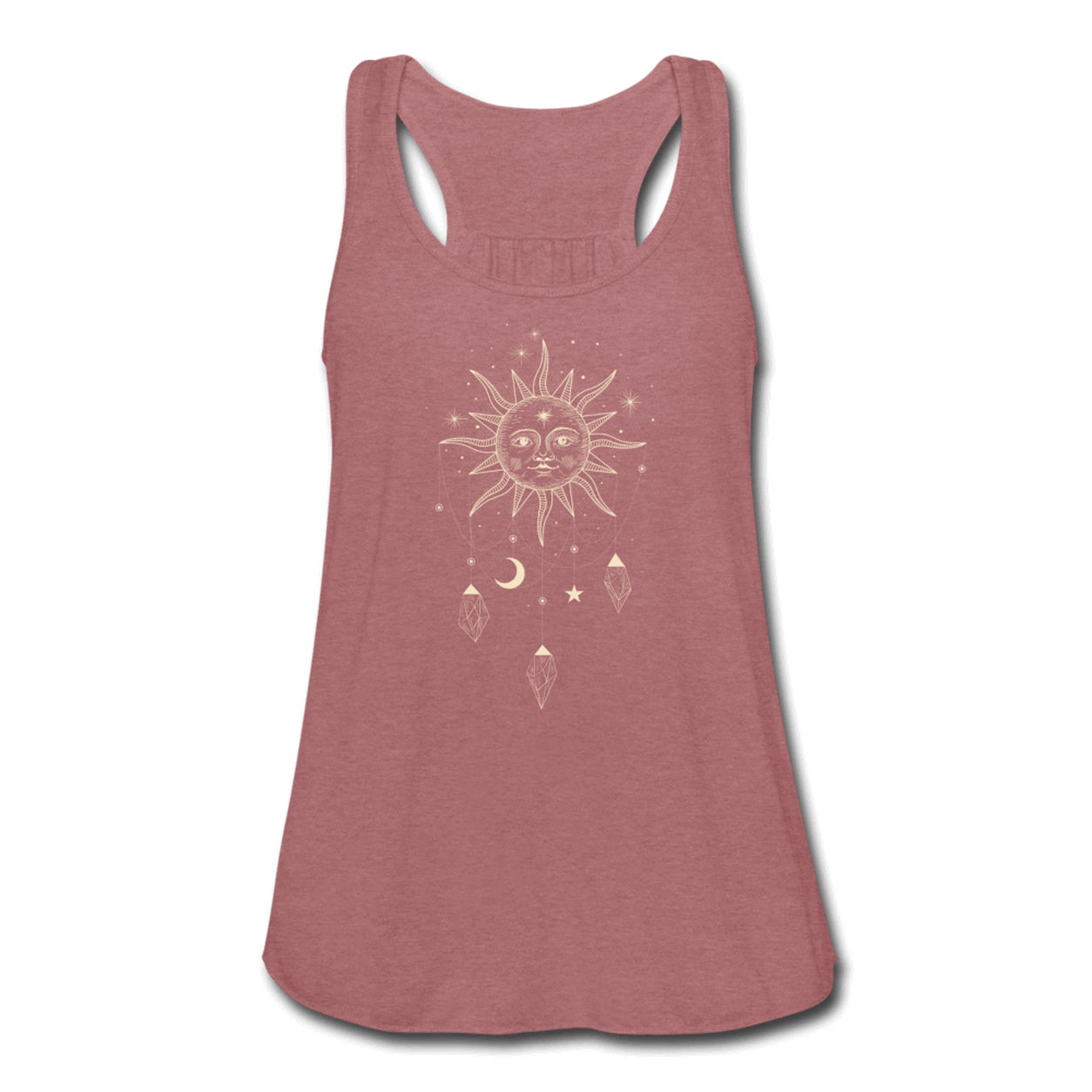 Front view of the Celestial Vibes Flowy Tank in heather mauve with celestial sun, moon, stars, and crystal design.
