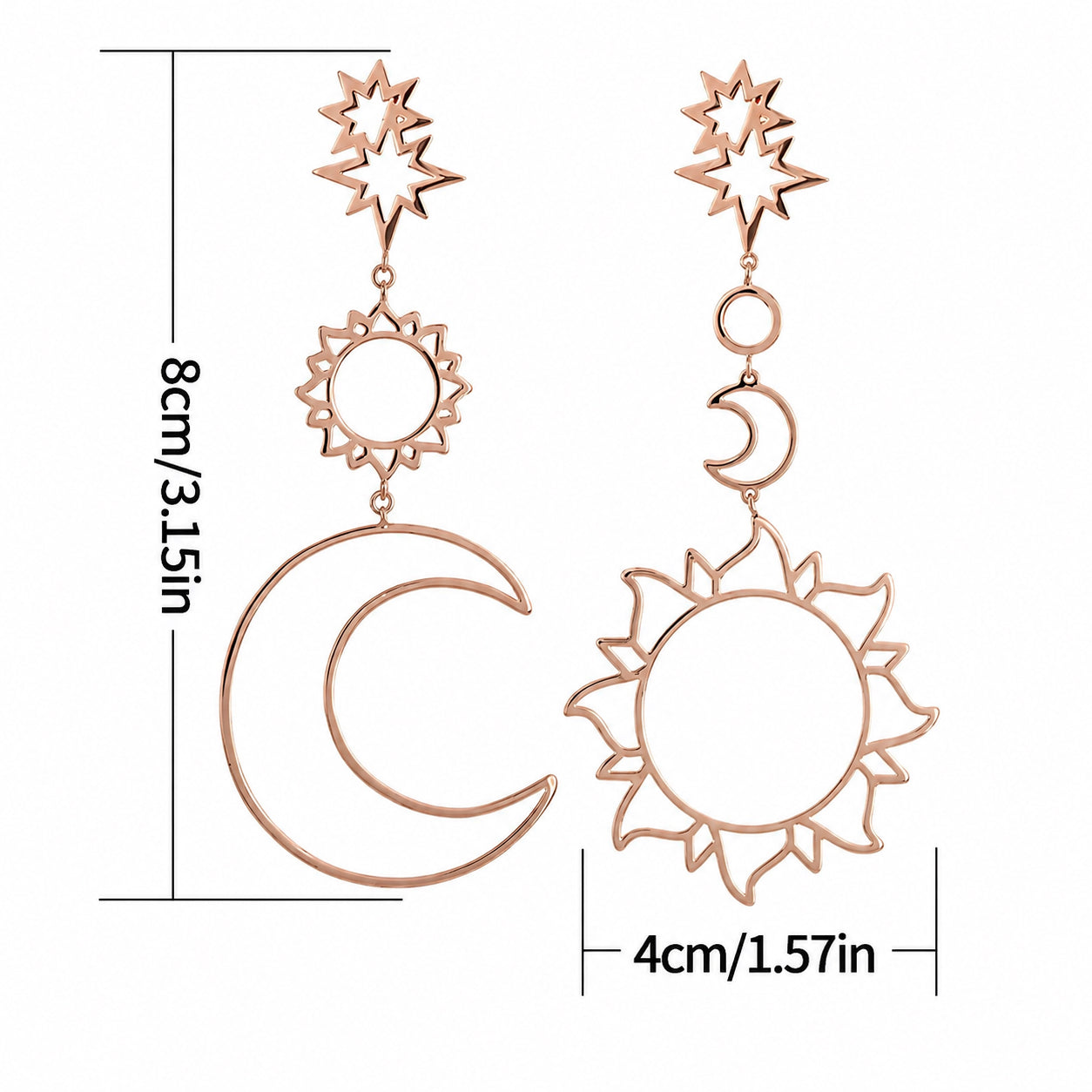Celestial Wanderer Earrings size guide showing dimensions of celestial sun and moon dangle earrings.
