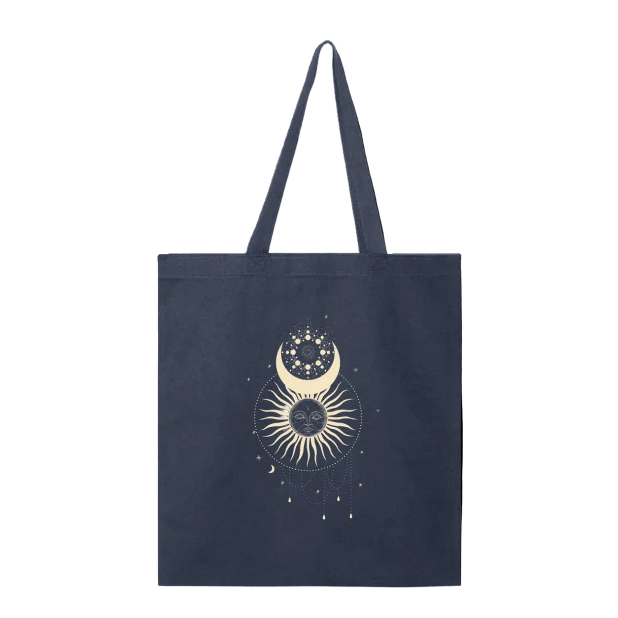 Navy Cosmic Wanderer Tote Bag featuring a celestial sun, crescent moon, and star design on the front against a white background.