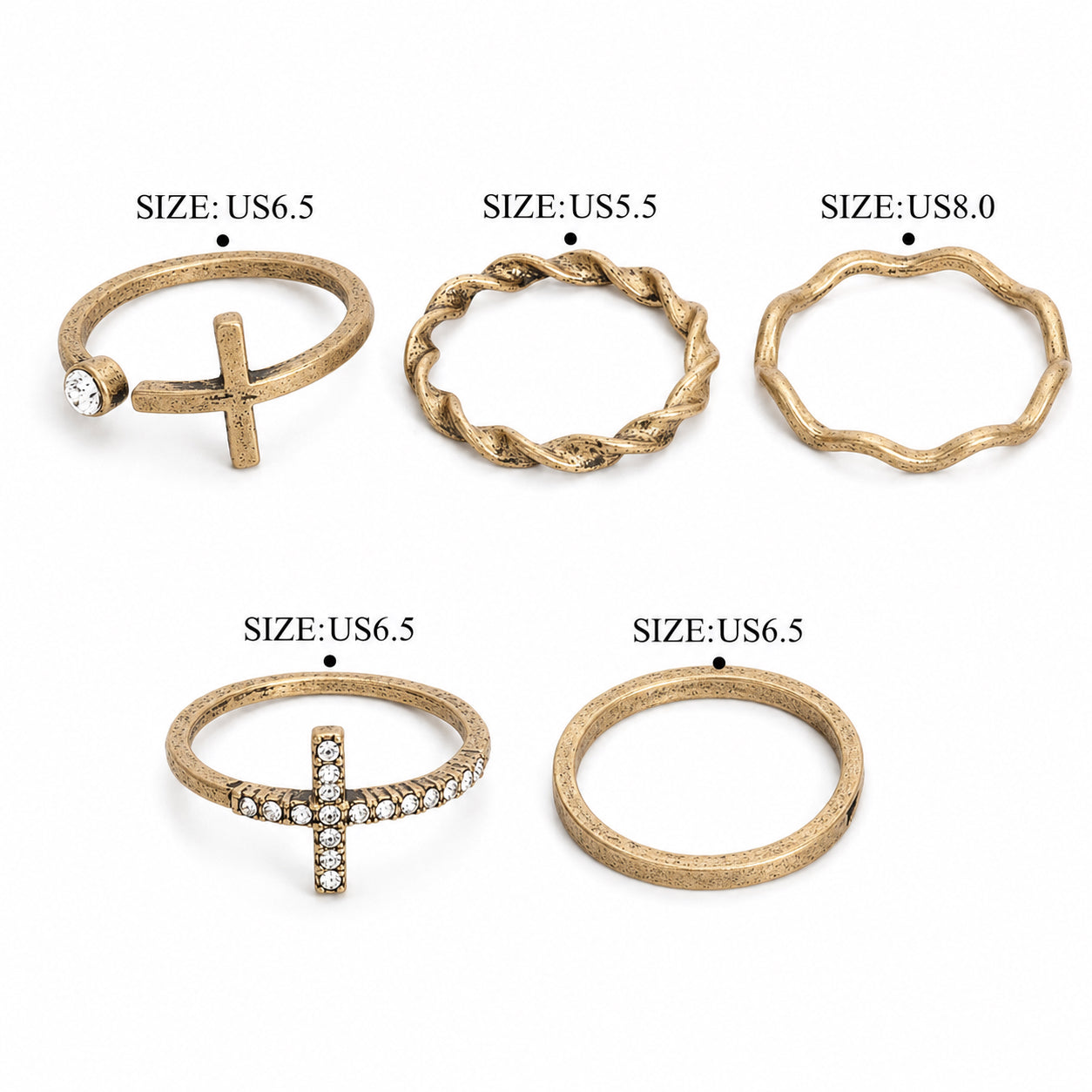 Crosses Ring Set showing individual ring styles and available sizes for each stackable ring.