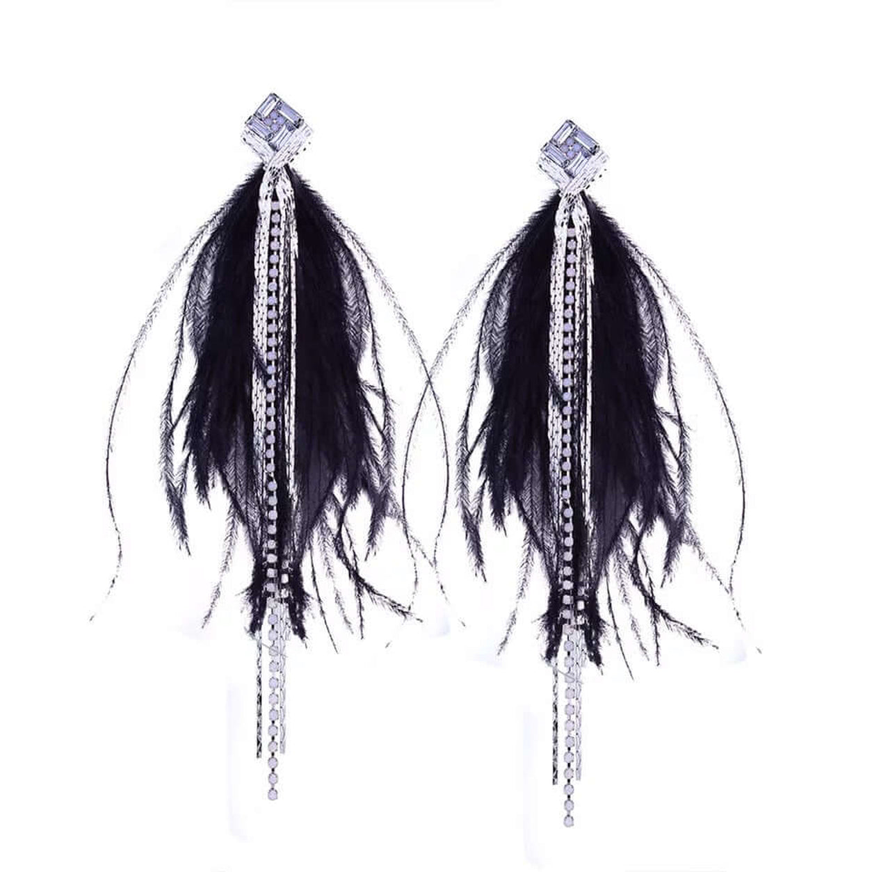 Elegant Feather Earrings in black featuring crystal studs, feather tassels, and cascading chain details on a white background.