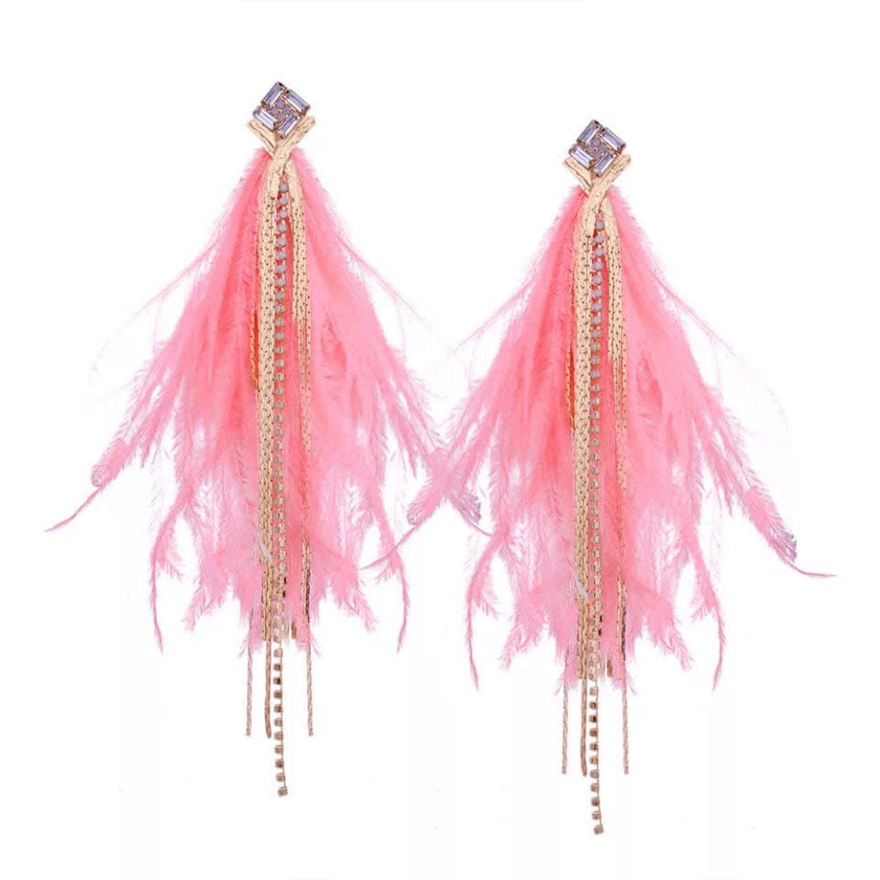 Elegant Feather Earrings in pink featuring crystal studs, soft feather tassels, and cascading chain details on a white background.