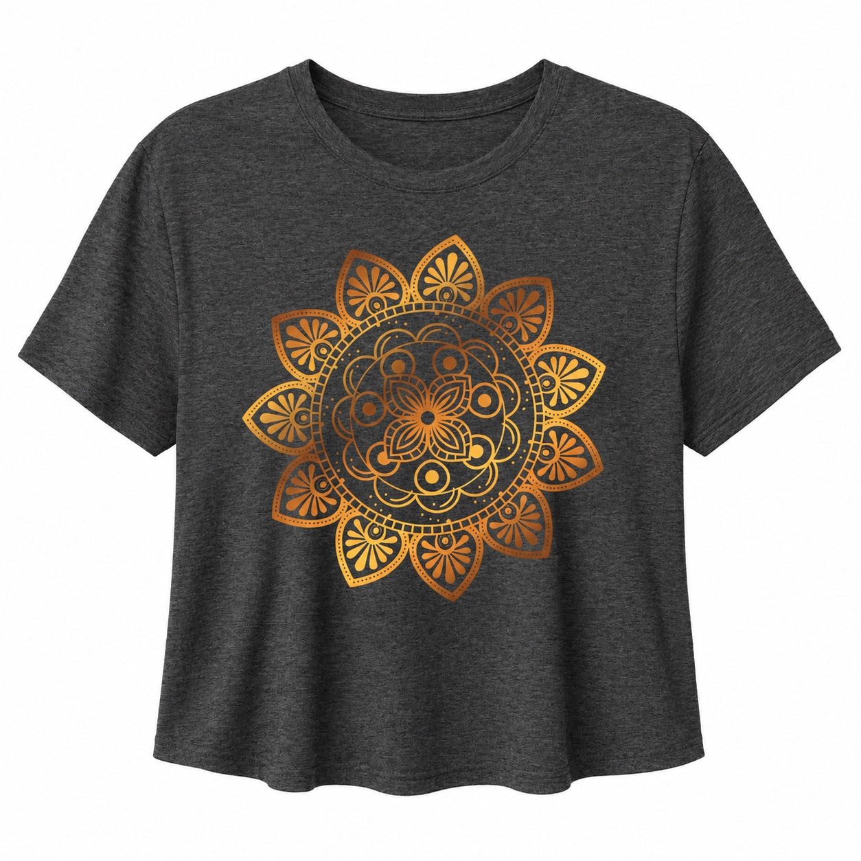 Front view of the Floral Mandala Crop Tee in charcoal featuring a golden floral mandala graphic.