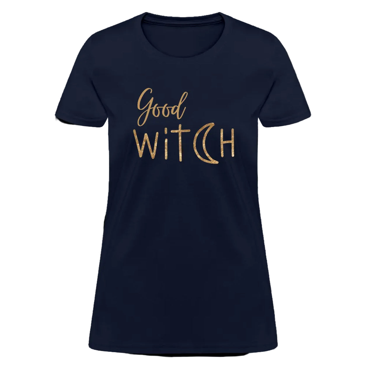 Front view of the Good Witch T-Shirt in navy featuring metallic gold “Good Witch” typography on a white background.