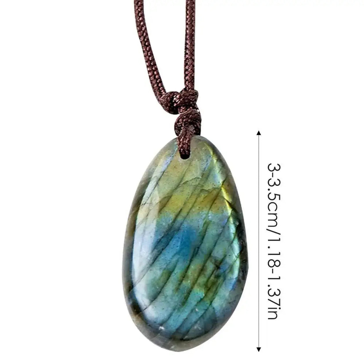 Labradorite Stone Necklace pendant size guide showing natural polished gemstone measuring approximately 3–3.5 cm.