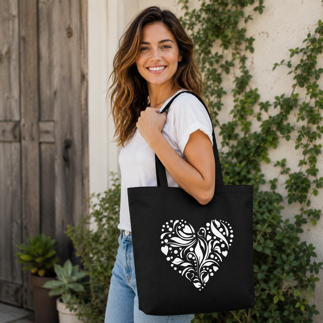 Woman carrying the Loving Heart Tote Bag, a black canvas tote featuring a white floral heart design, shown in an outdoor lifestyle setting.