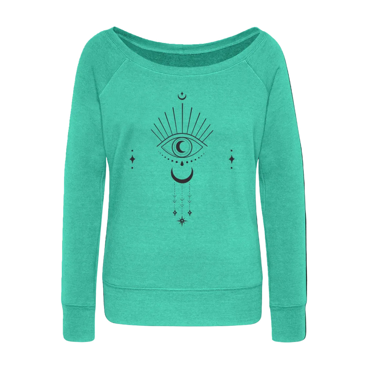 Teal Moongazer Wide Neck Sweatshirt featuring a black celestial eye, moon, and star graphic on a white background.