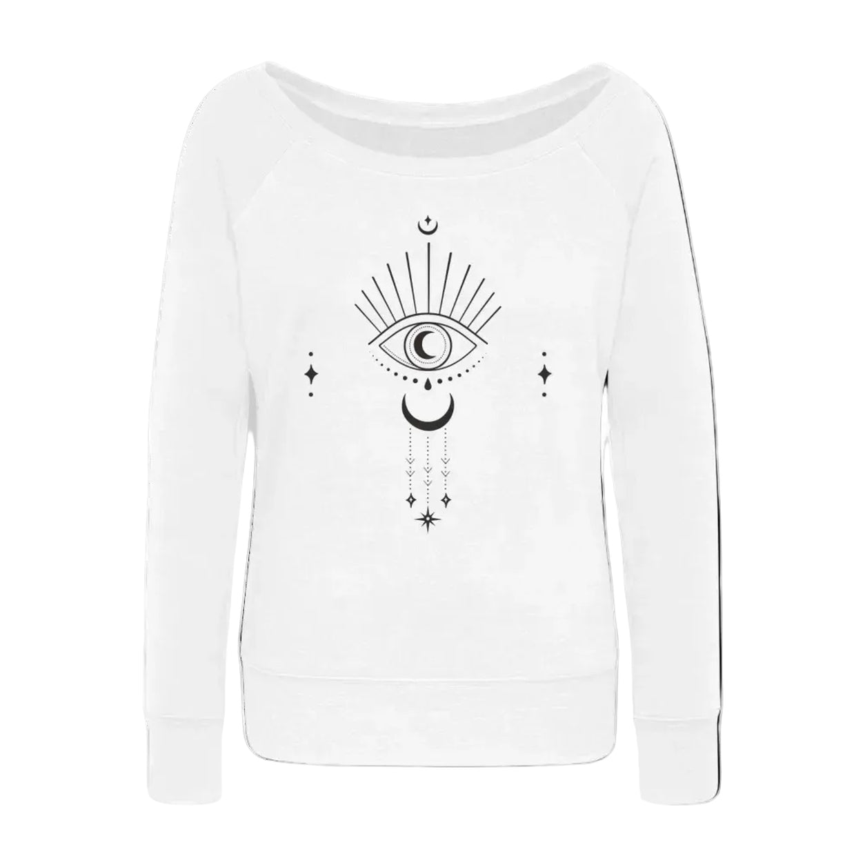 White Moongazer Wide Neck Sweatshirt featuring a black celestial eye, moon, and star graphic on a white background.