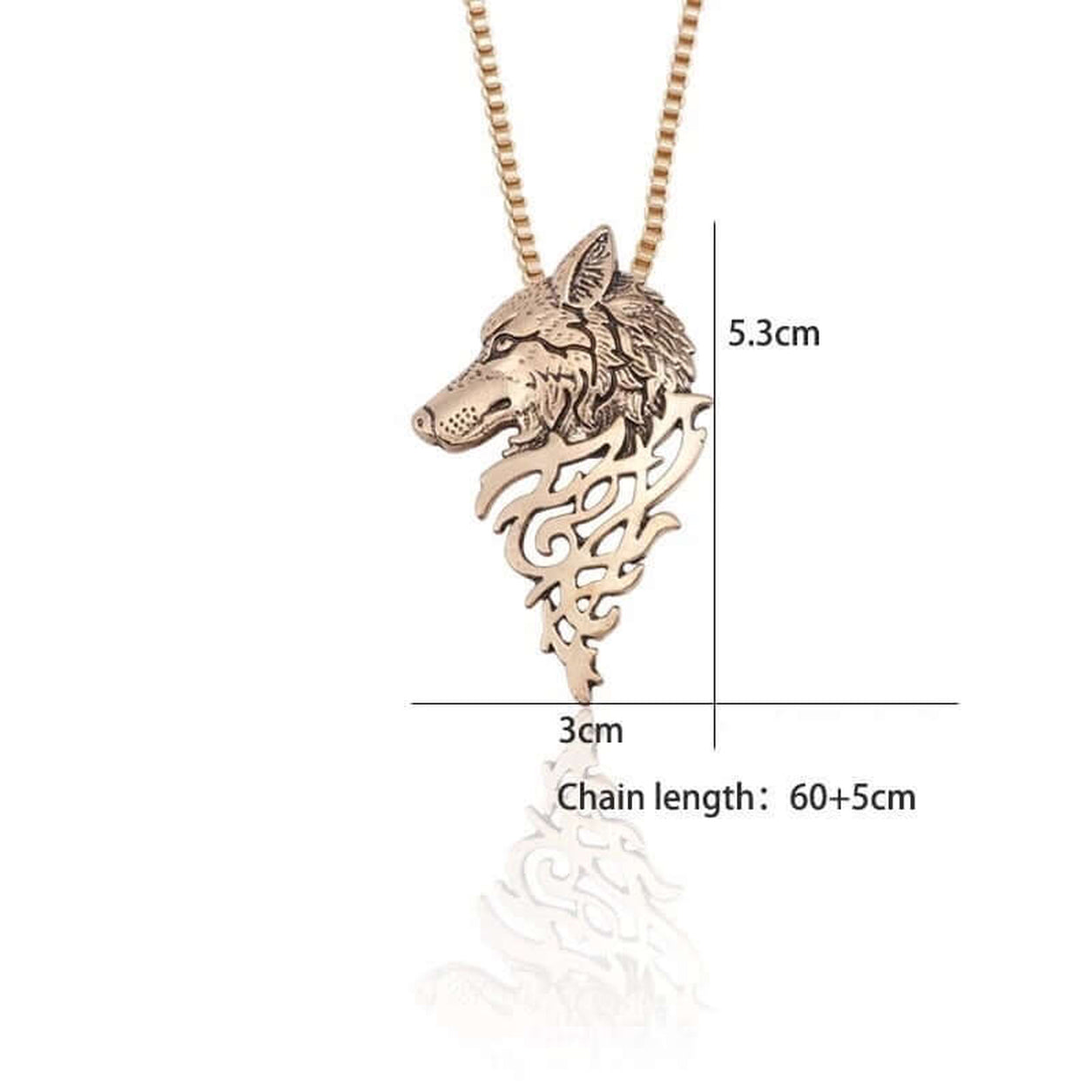Mystic Wolf Pendant Necklace size guide showing a 5.3 cm by 3 cm wolf pendant with a 24.5-inch adjustable chain.