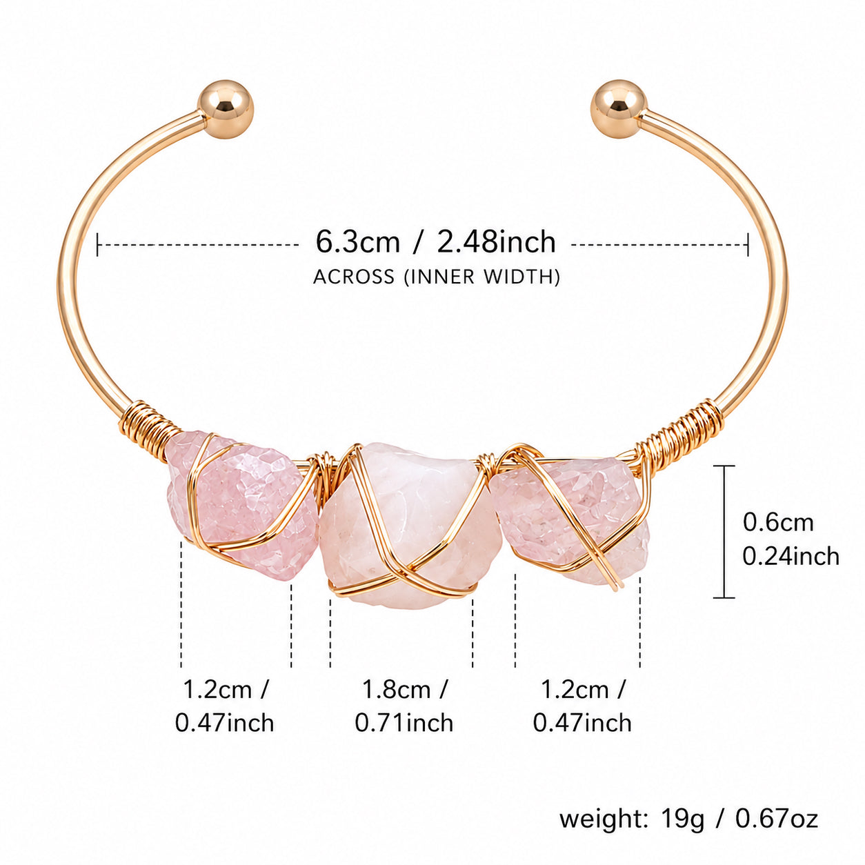 Rose quartz stone cuff bracelet with three pink rose quartz stones, gold-tone wire wrap, 6.3 cm inner width and 19 g weight.