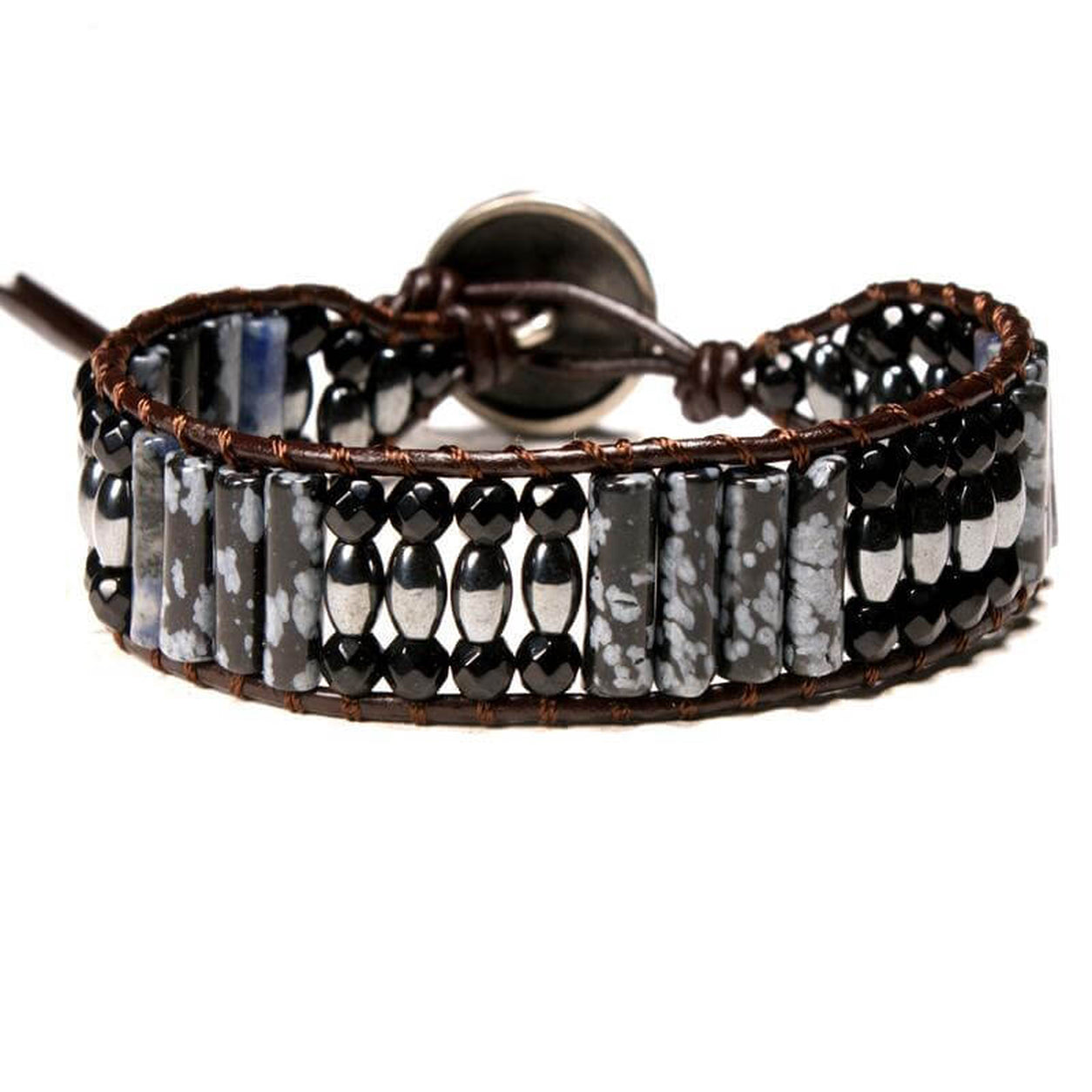 Snowflake Obsidian Bracelet with genuine snowflake obsidian stones isolated on a white background.