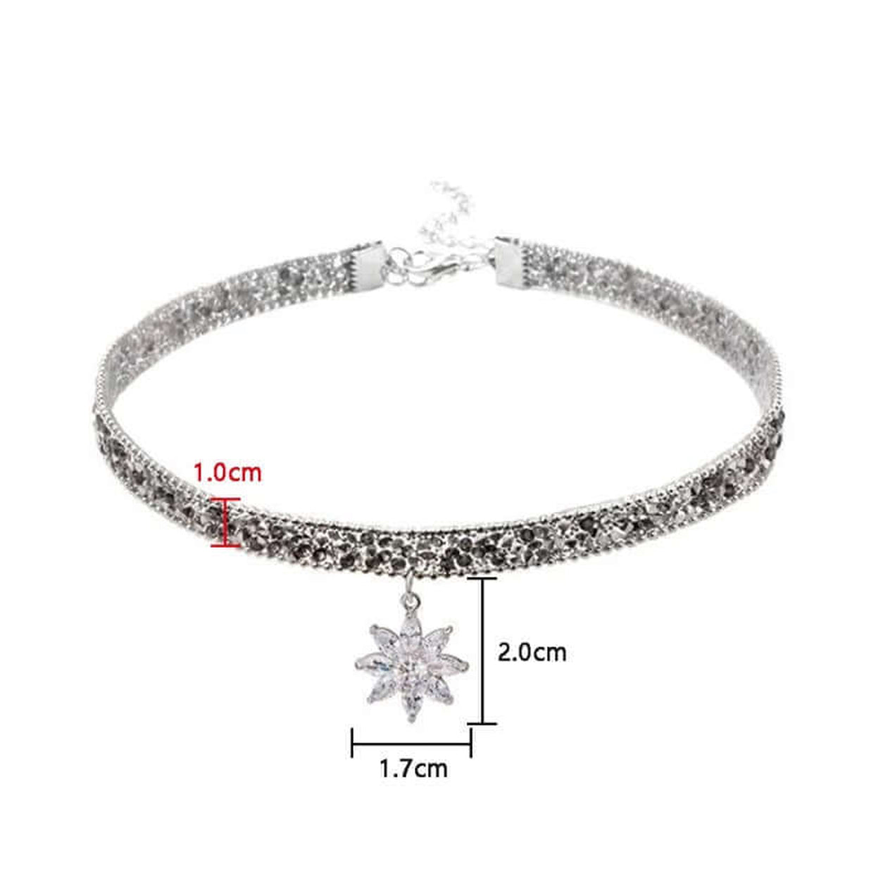 Sparkle Flower Choker Necklace dimensions showing 1 cm choker width and 2 cm by 1.7 cm crystal flower pendant.