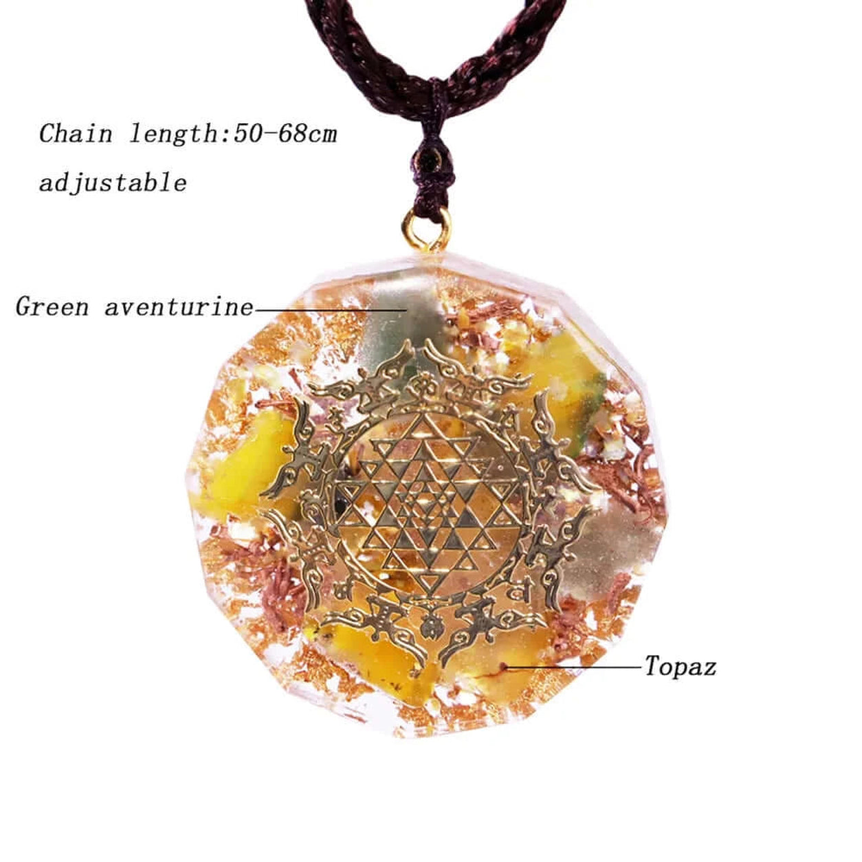 Sri Yantra Topaz Pendant Necklace showing adjustable cord, topaz, green aventurine and detailed sacred geometry pendant.