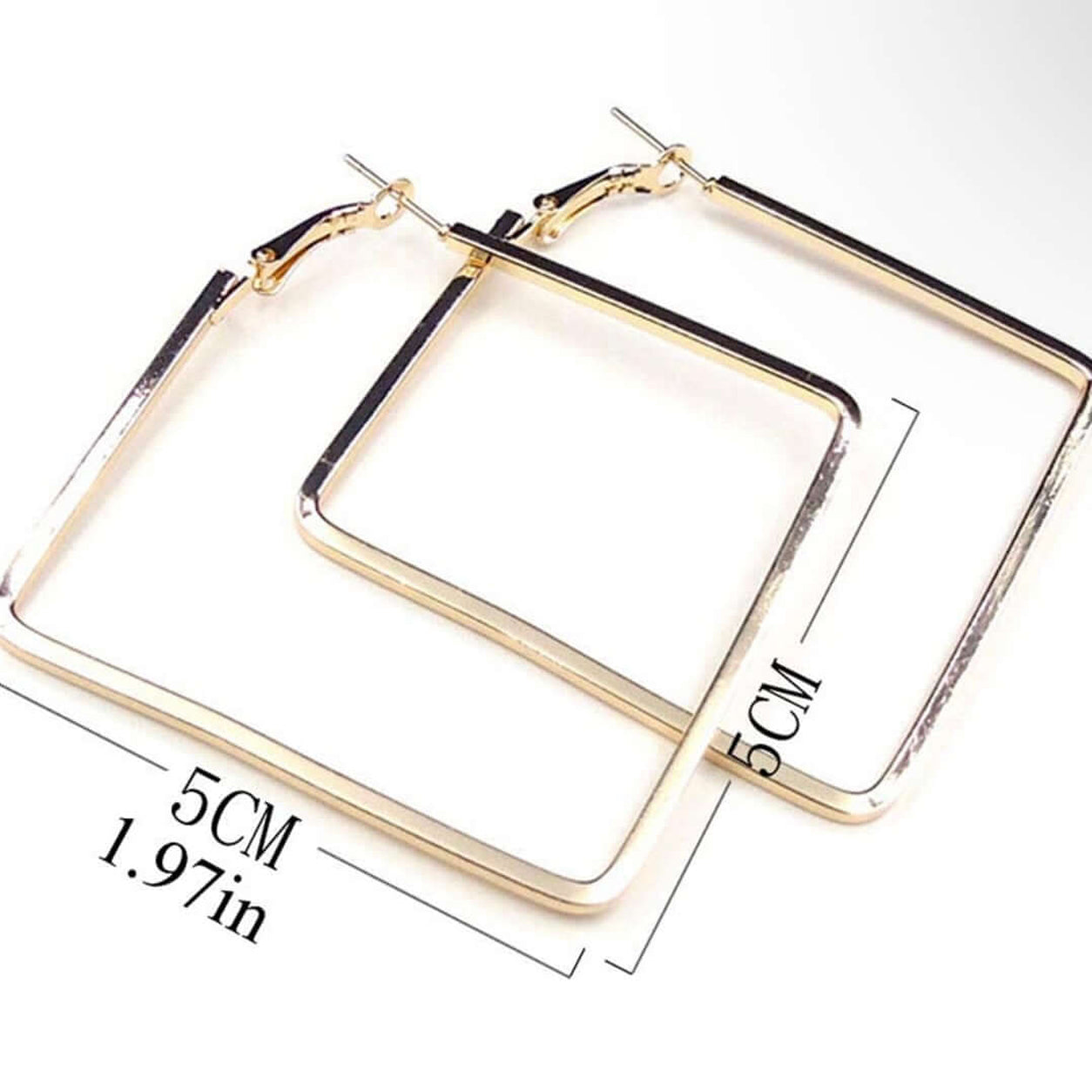 Size guide for Timeless Square Hoop Earrings measuring 5 cm by 5 cm with a geometric square hoop design.