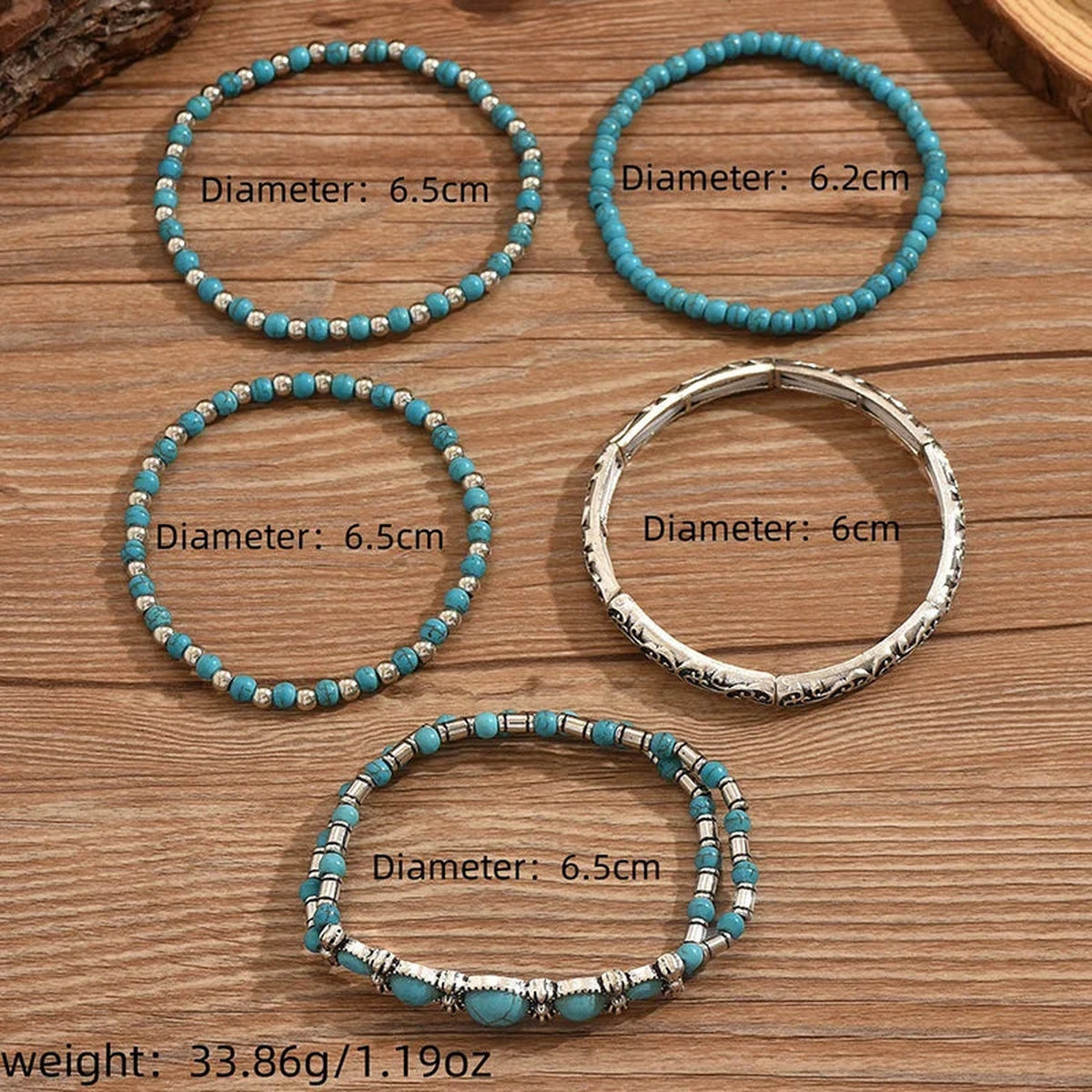 Turquoise Treasure five-piece bracelet set showing individual bracelet diameters and weight
