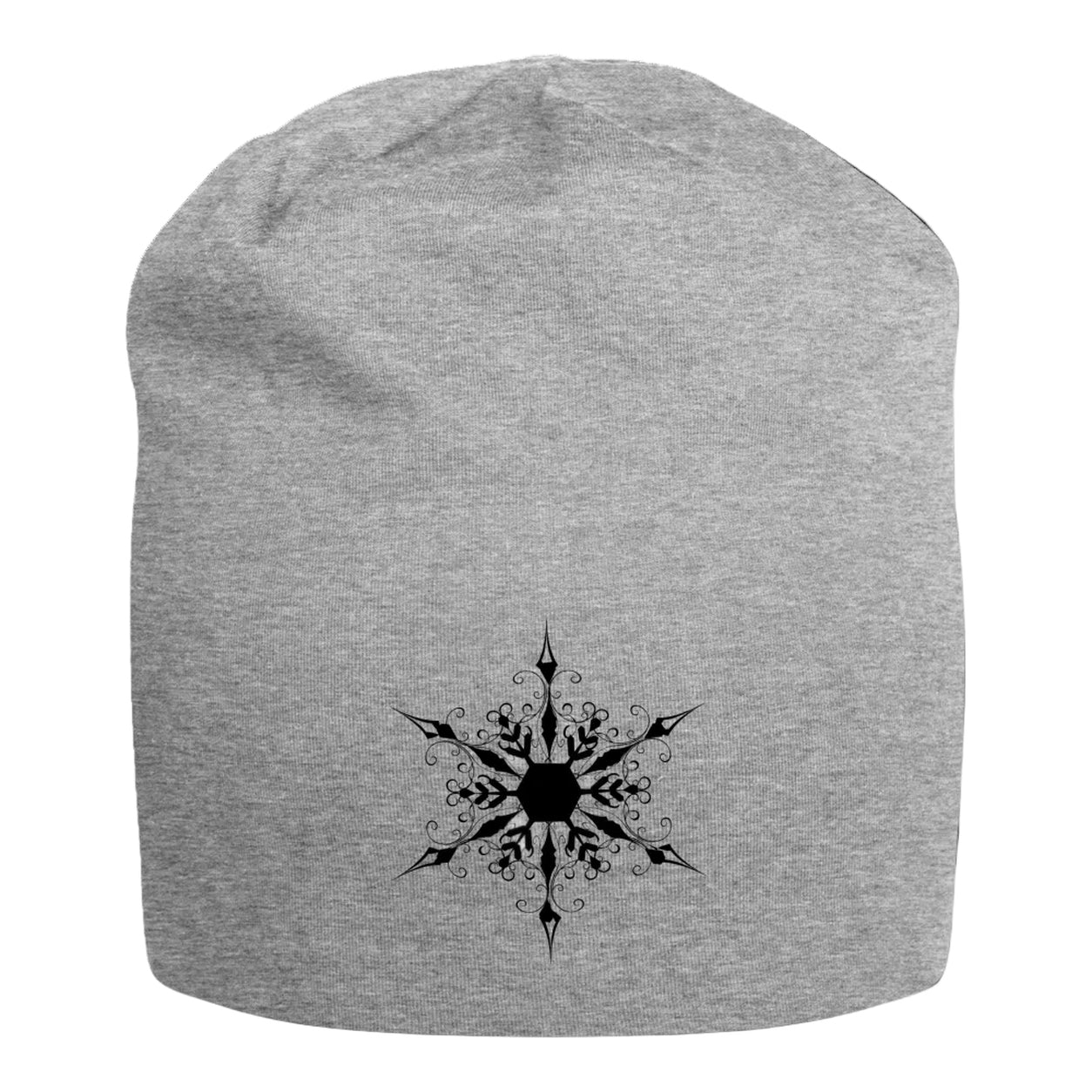 Front view of the Wanderlust Snowflake Beanie Hat in Heather Gray featuring a black snowflake-inspired Wanderlust design on a soft knit beanie against a white background.