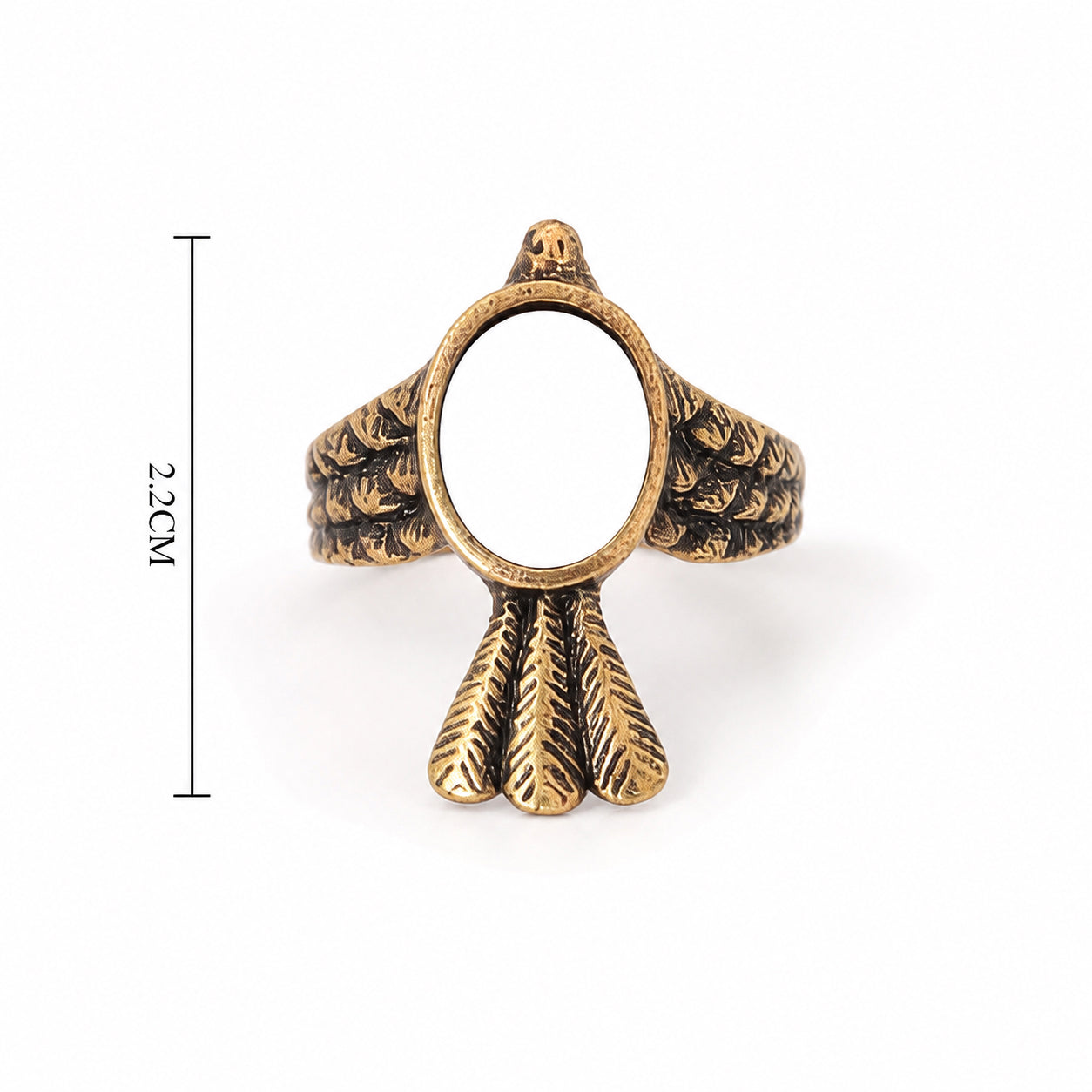 Antique bronze White Jade Bird Ring with an oval white jade stone and engraved bird-inspired design.