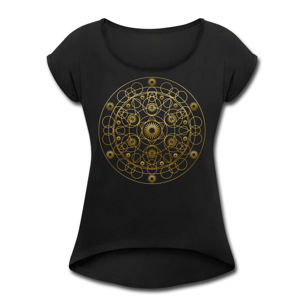 Geometric Mandala Roll Cuff Tee - black