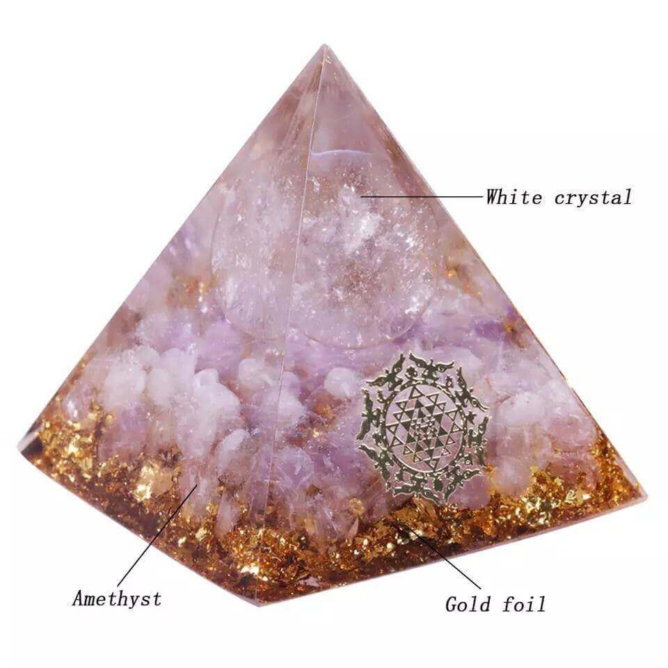 Sri Yantra Amethyst & White Crystal Pyramid, an orgonite crystal pyramid from Mandala Jane.