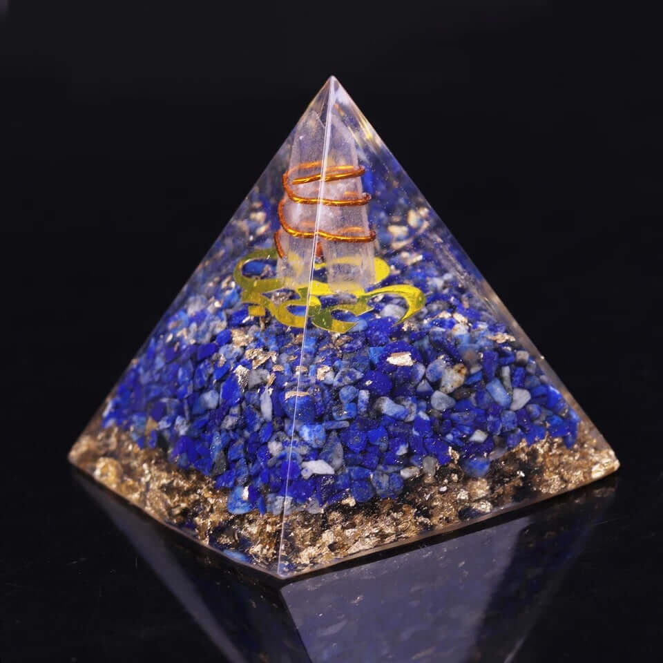 Sri Yantra Lapis Lazuli Crystal Pyramid, an orgonite crystal pyramid from Mandala Jane.