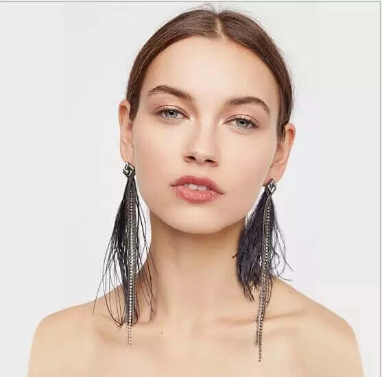 Silver Chain Earcuff Feather Non Pierced Earrings Long Chain