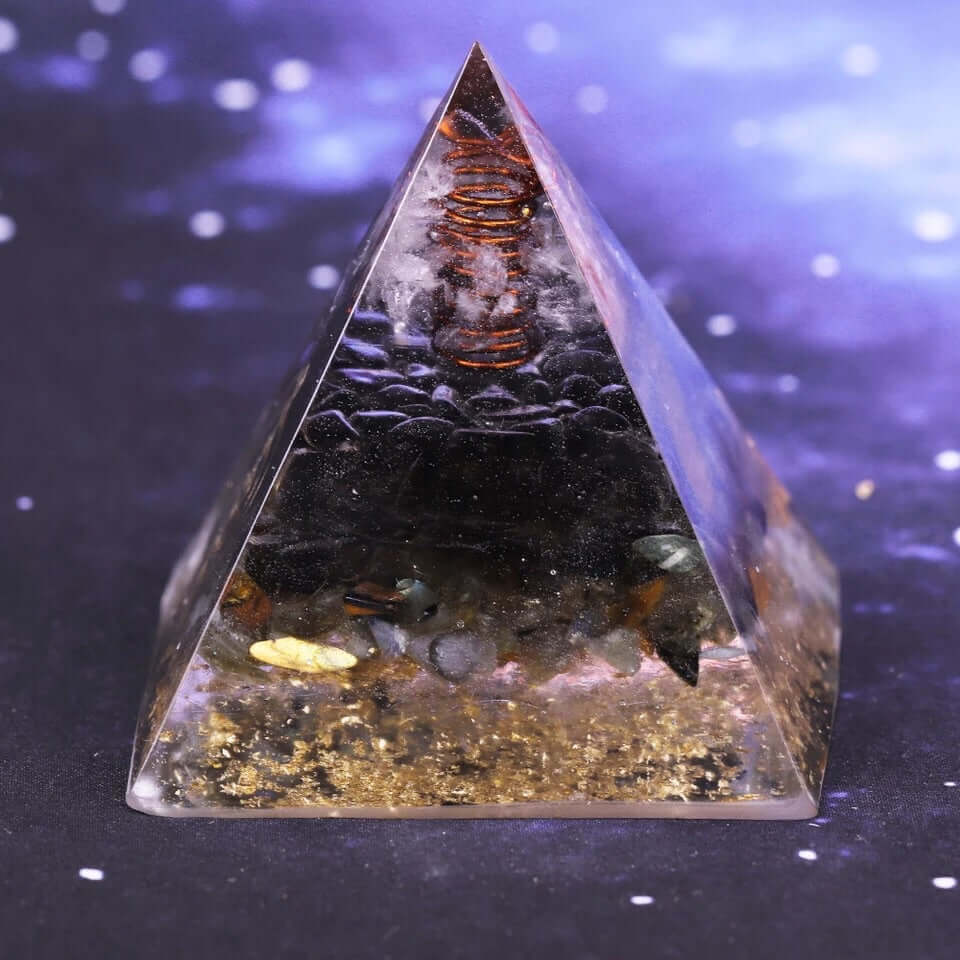 Smoky Quartz & Labradorite Crystal Pyramid, an orgonite crystal pyramid from Mandala Jane.