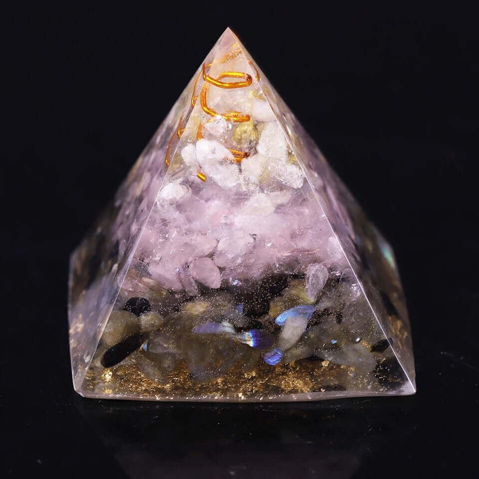 Rose Quartz & Labradorite Crystal Pyramid, an orgonite crystal pyramid from Mandala Jane.