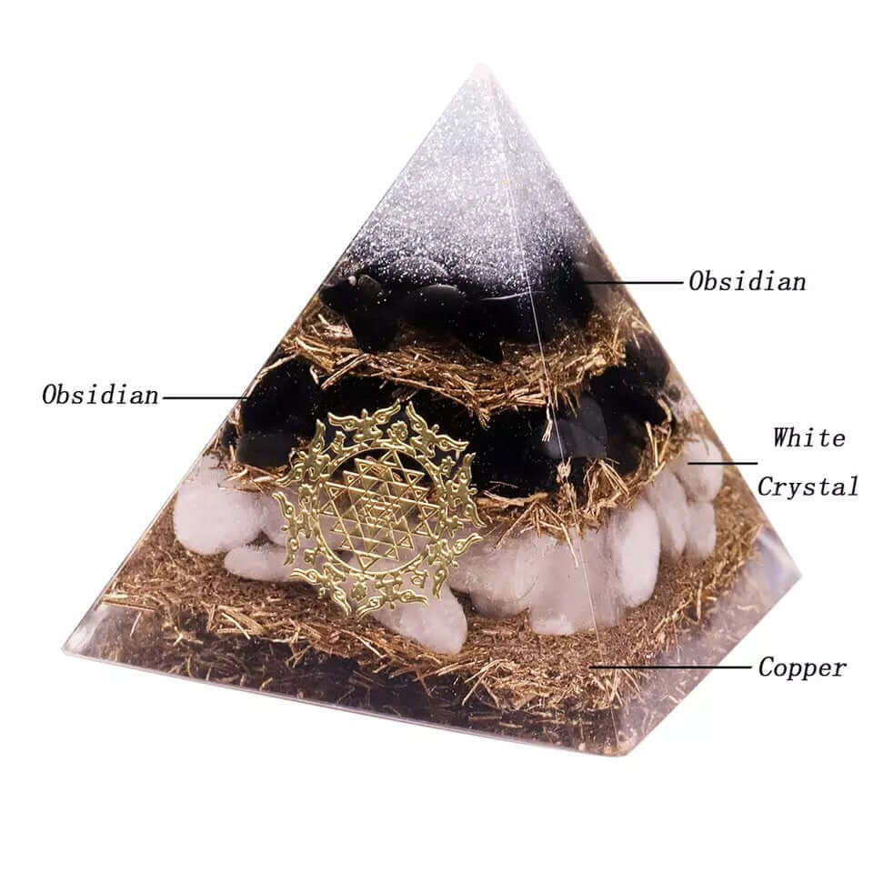 Sri Yantra Obsidian & White Crystal Pyramid, an orgonite crystal pyramid from Mandala Jane.
