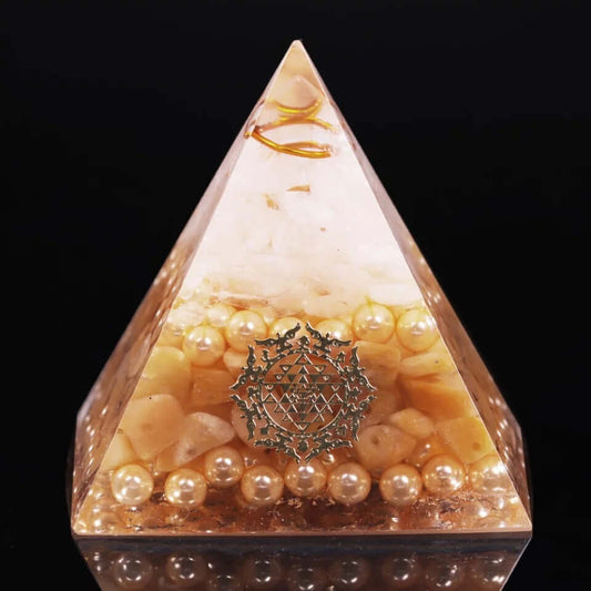 Sri Yantra Pearl Crystal Pyramid, an orgonite crystal pyramid from Mandala Jane.