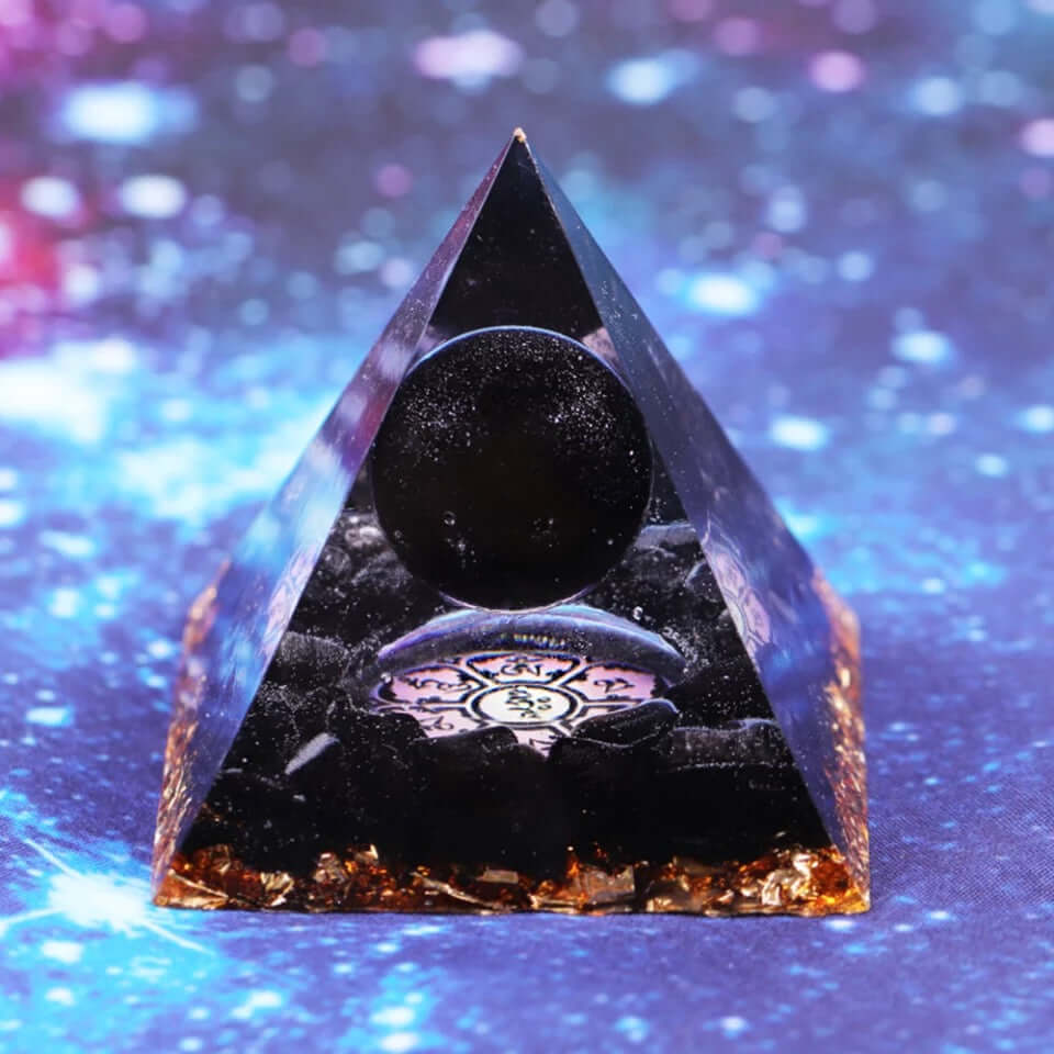 Obsidian & Gold Crystal Pyramid, an orgonite crystal pyramid from Mandala Jane.