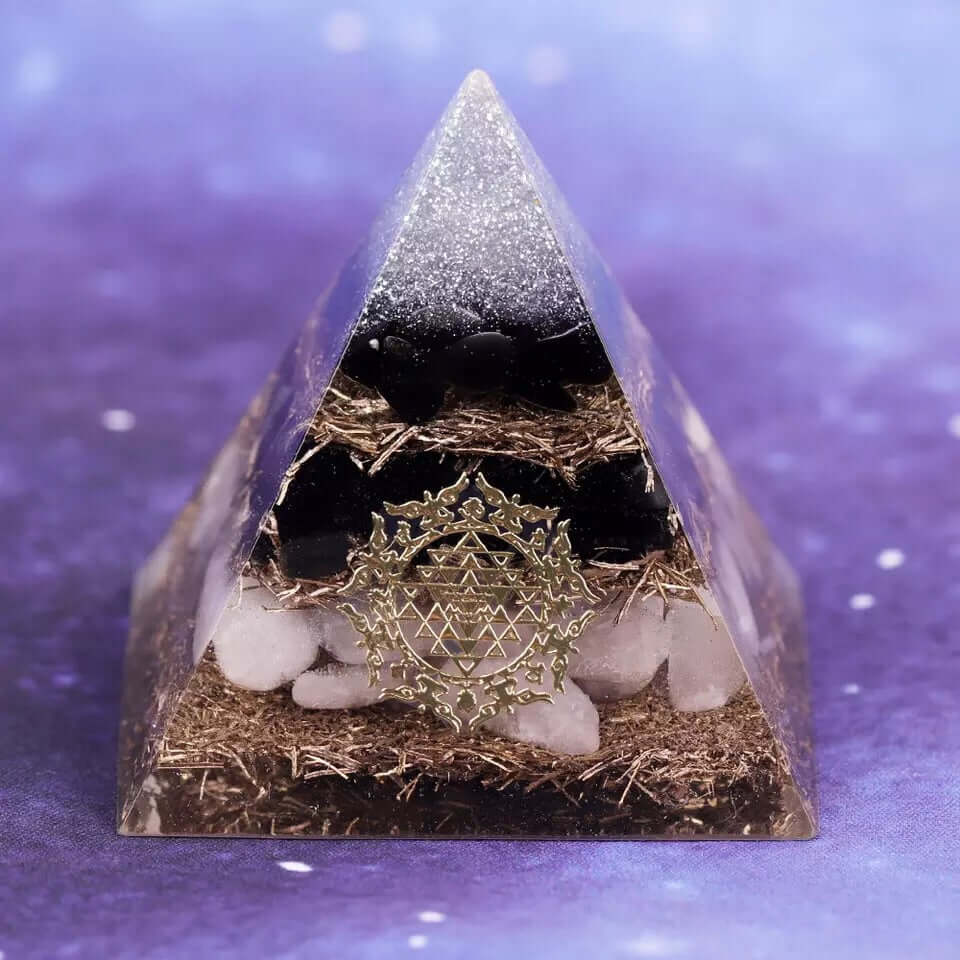 Sri Yantra Obsidian & White Crystal Pyramid, an orgonite crystal pyramid from Mandala Jane.