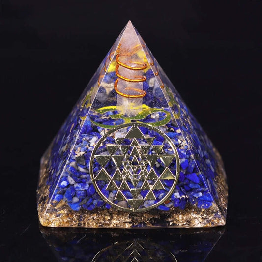 Sri Yantra Lapis Lazuli Crystal Pyramid, an orgonite crystal pyramid from Mandala Jane.