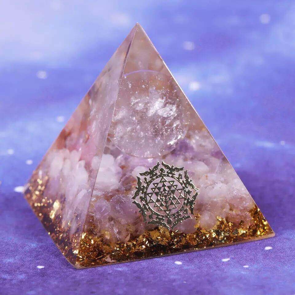 Sri Yantra Amethyst & White Crystal Pyramid, an orgonite crystal pyramid from Mandala Jane.