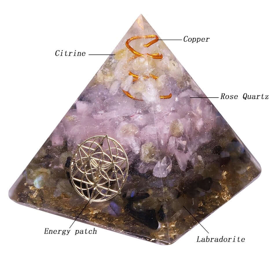 Rose Quartz & Labradorite Crystal Pyramid, an orgonite crystal pyramid from Mandala Jane.