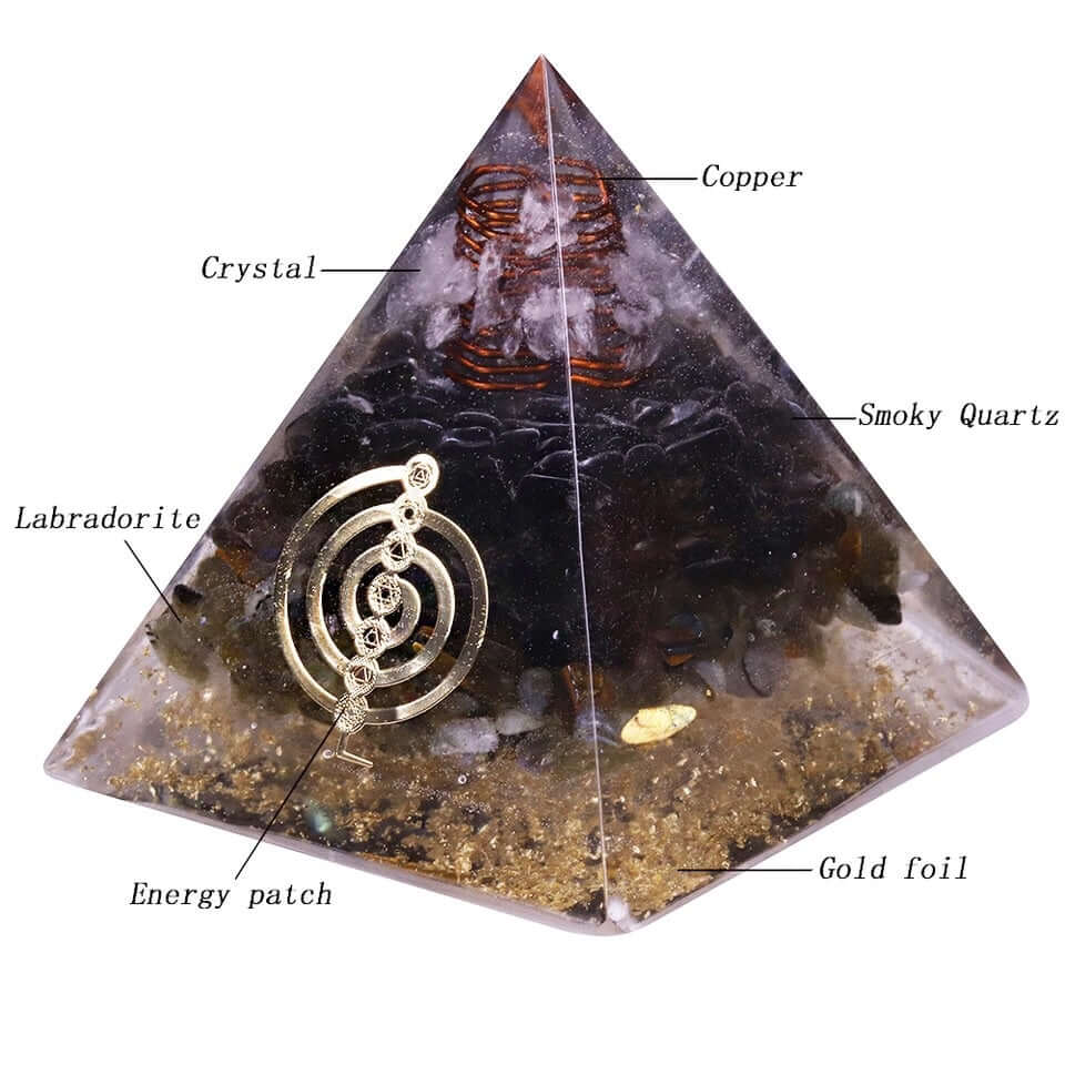 Smoky Quartz & Labradorite Crystal Pyramid, an orgonite crystal pyramid from Mandala Jane.