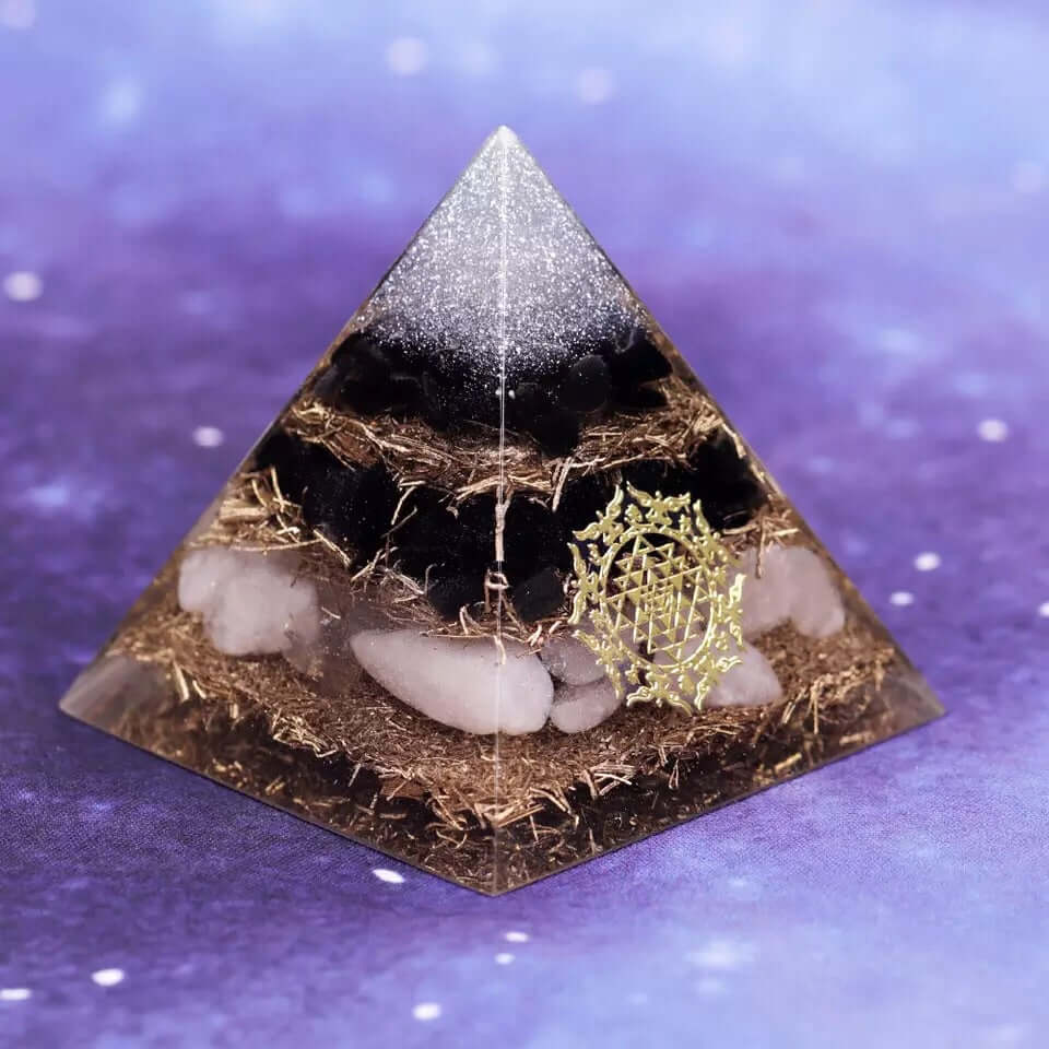 Sri Yantra Obsidian & White Crystal Pyramid, an orgonite crystal pyramid from Mandala Jane.