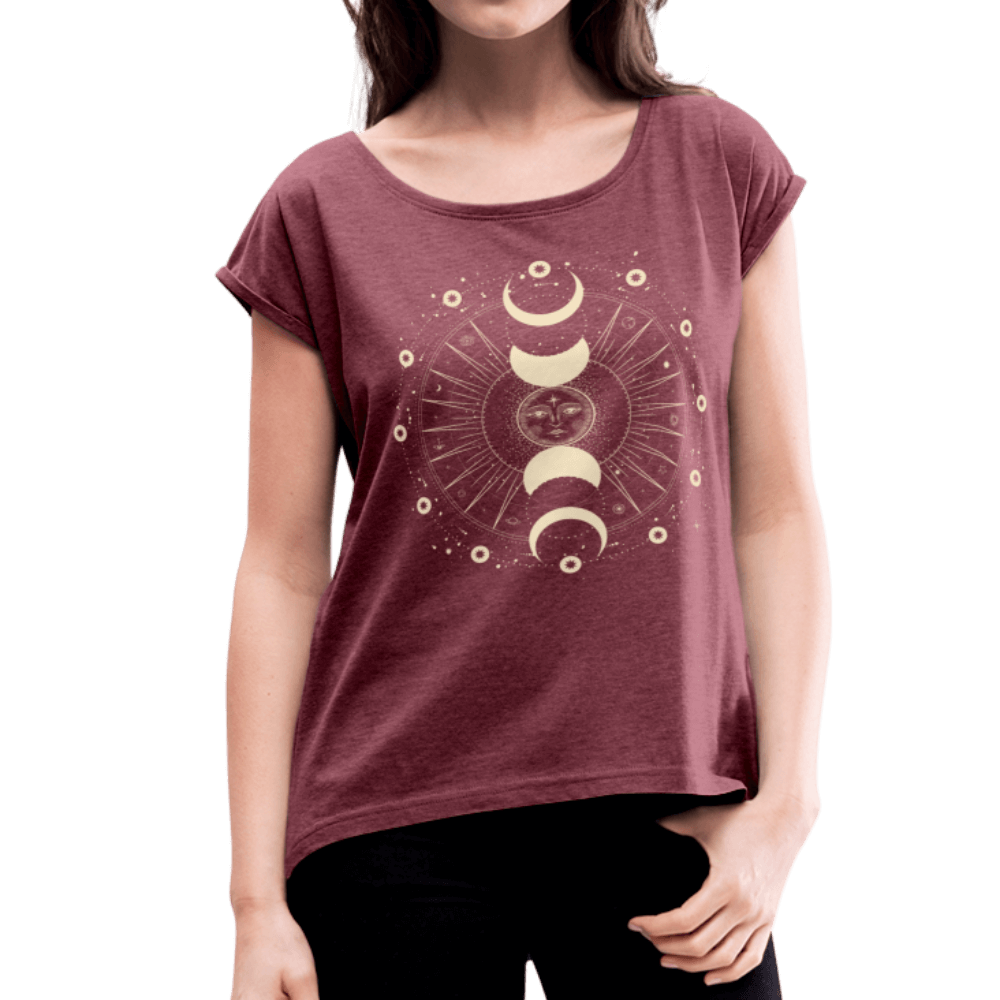 Moon Goddess Roll Cuff Tee, burgundy - Mandala Jane Apparel, womens t-shirt