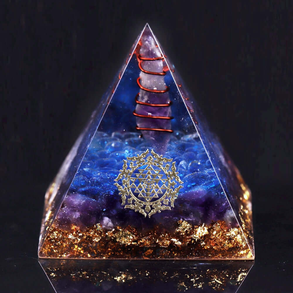 Sri Yantra Blue Quartz Crystal Pyramid