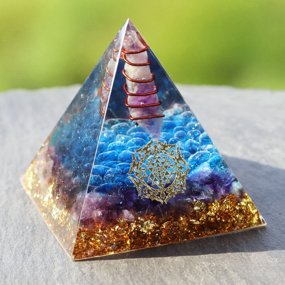 Sri Yantra Blue Quartz Crystal Pyramid