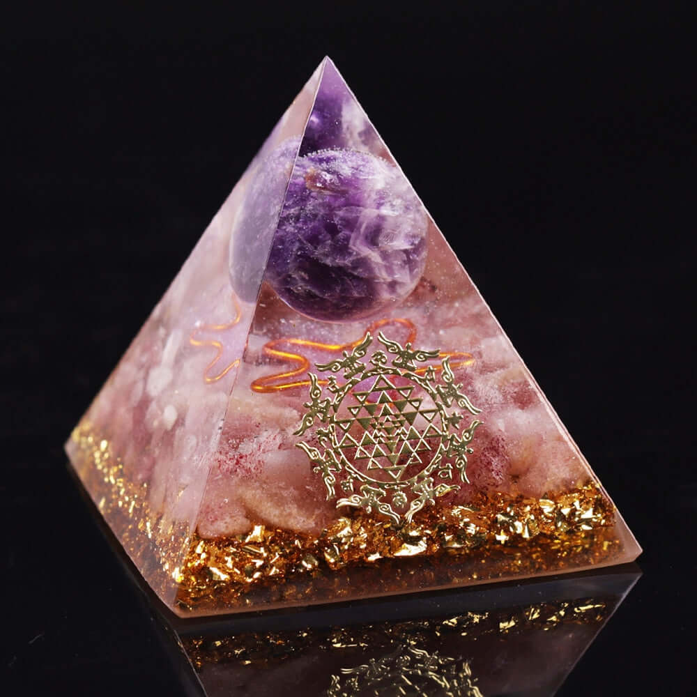 Sri Yantra Strawberry Quartz Crystal Pyramid