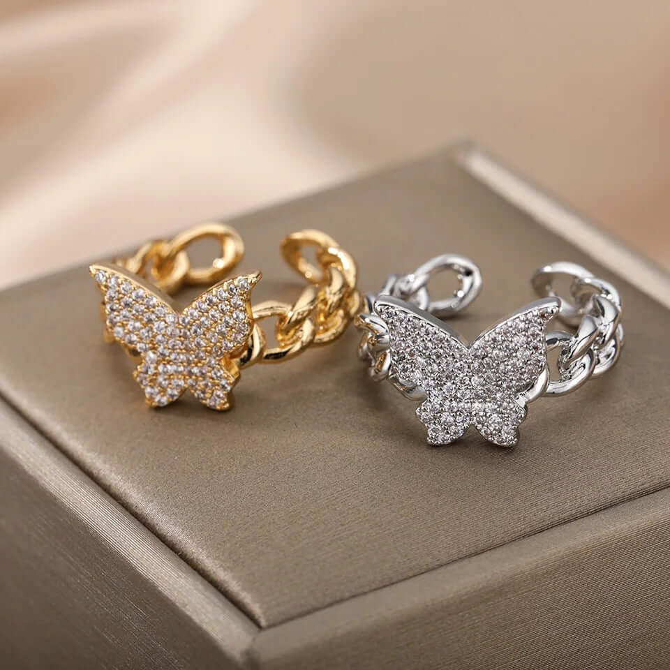 Crystal Butterfly Chain Link Ring