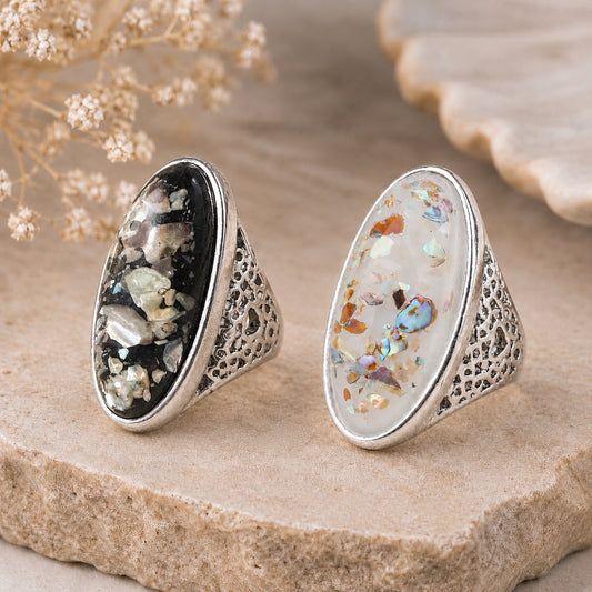Abalone Shell Statement Ring in black and beige iridescent shell with ornate silver-tone setting