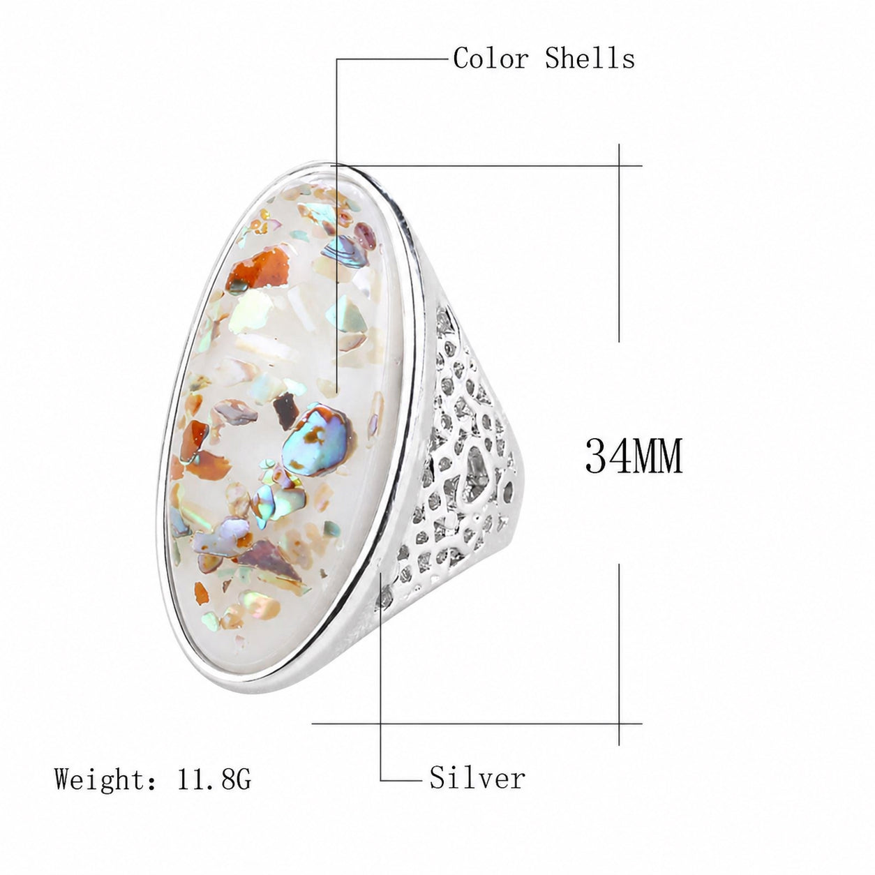 Abalone Shell Statement Ring with 34 mm oval shell, silver setting, and size reference diagram.