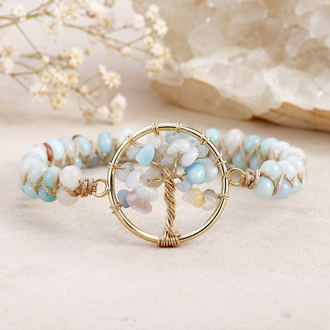 Front view of the Amazonite Tree Of Life Bracelet featuring natural amazonite beads, an adjustable cord, and a gold-tone tree of life charm with gemstone chips.