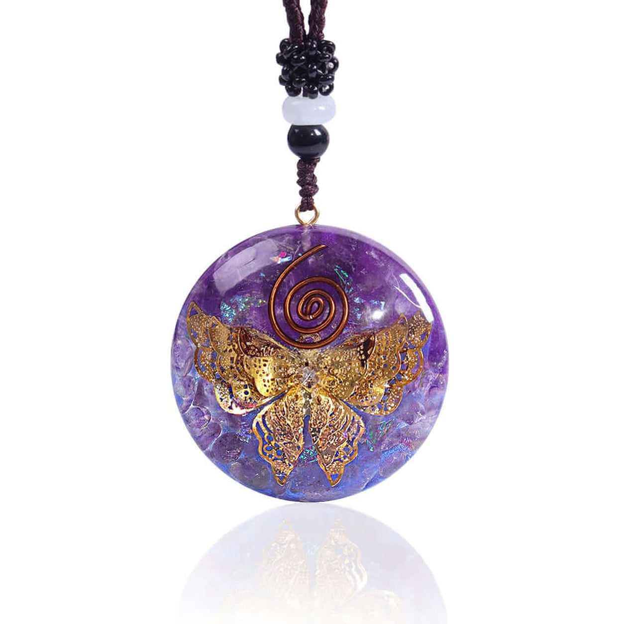 Front view of the Amethyst Butterfly Pendant Necklace with a round amethyst gemstone pendant, gold butterfly centerpiece, and braided adjustable cord.