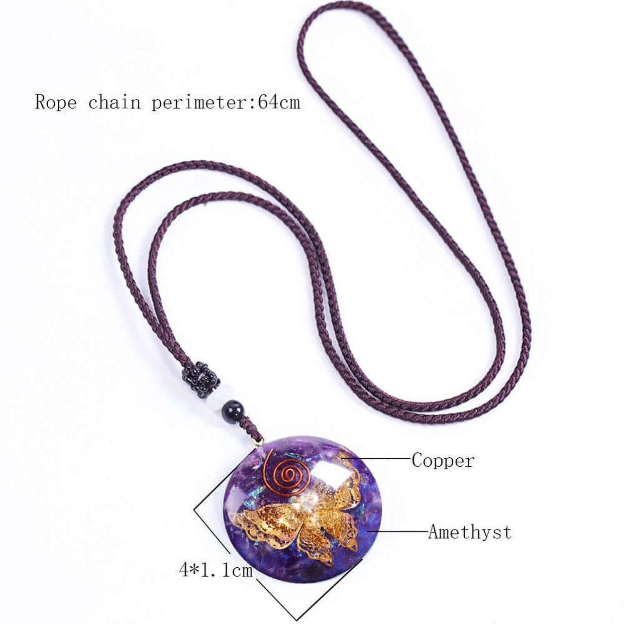 Size guide for the Amethyst Butterfly Pendant Necklace showing pendant dimensions, adjustable rope chain length, and amethyst gemstone details.